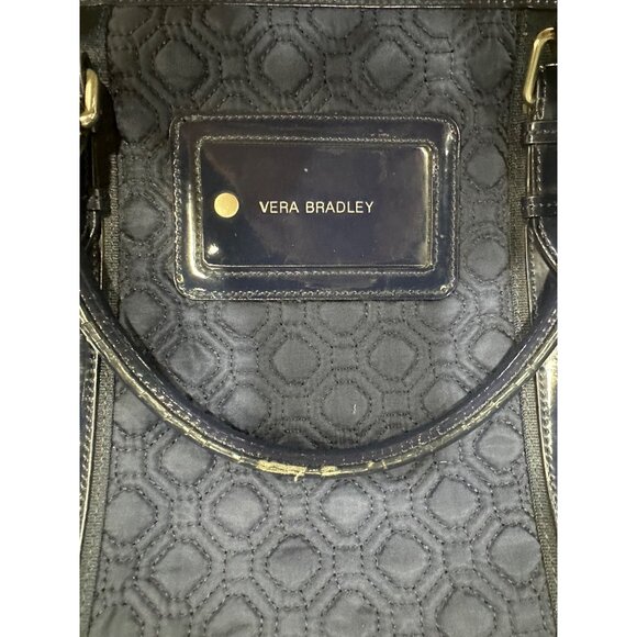 Vera Bradley Navy Quilted Travel Tote With Striped Lining & Leather Handles - Picture 7 of 10
